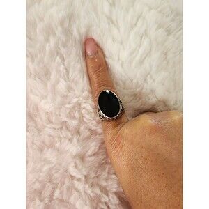 Filigree Oval Black Onyx Sterling Silver Ring - 8.25